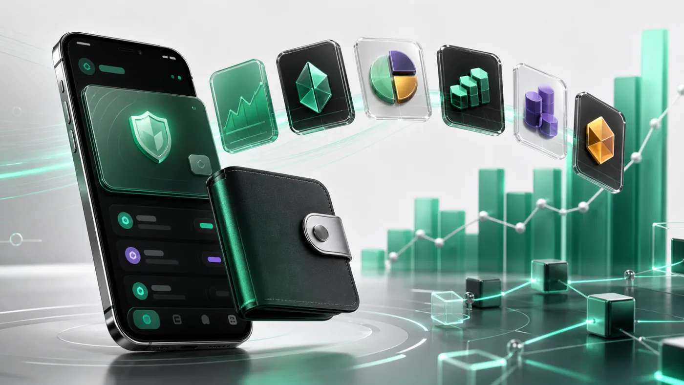Ilustracion de una wallet movil con activos tokenizados y graficos de mercado.
